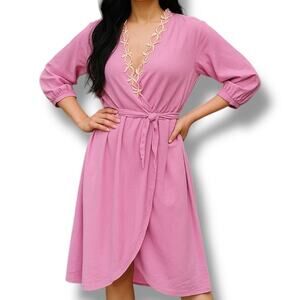 Pink Wrap Midi Dress with Embroidered Trim – Boho Cottagecore Style